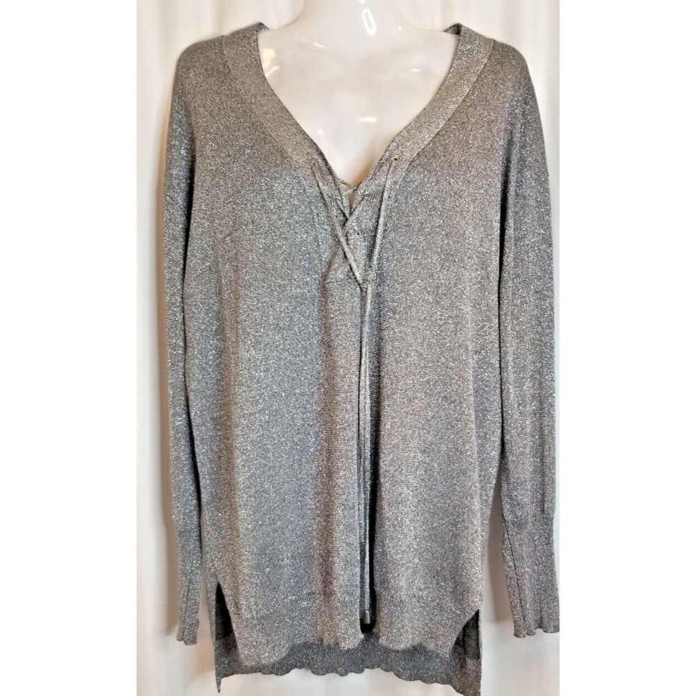 Women's Knit Sparkle Top Silver Metallic Front Tie V-Neck Long Sleeve Size XL
